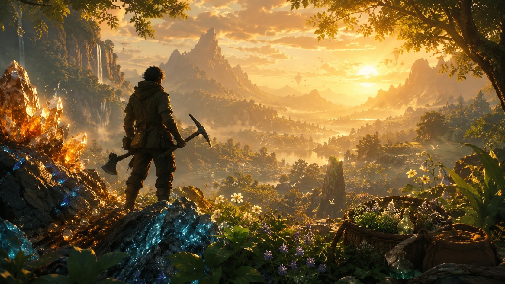 Final Fantasy XIV gil gathering — a miner with a pickaxe overlooking glowing crystal nodes and herbs at sunrise