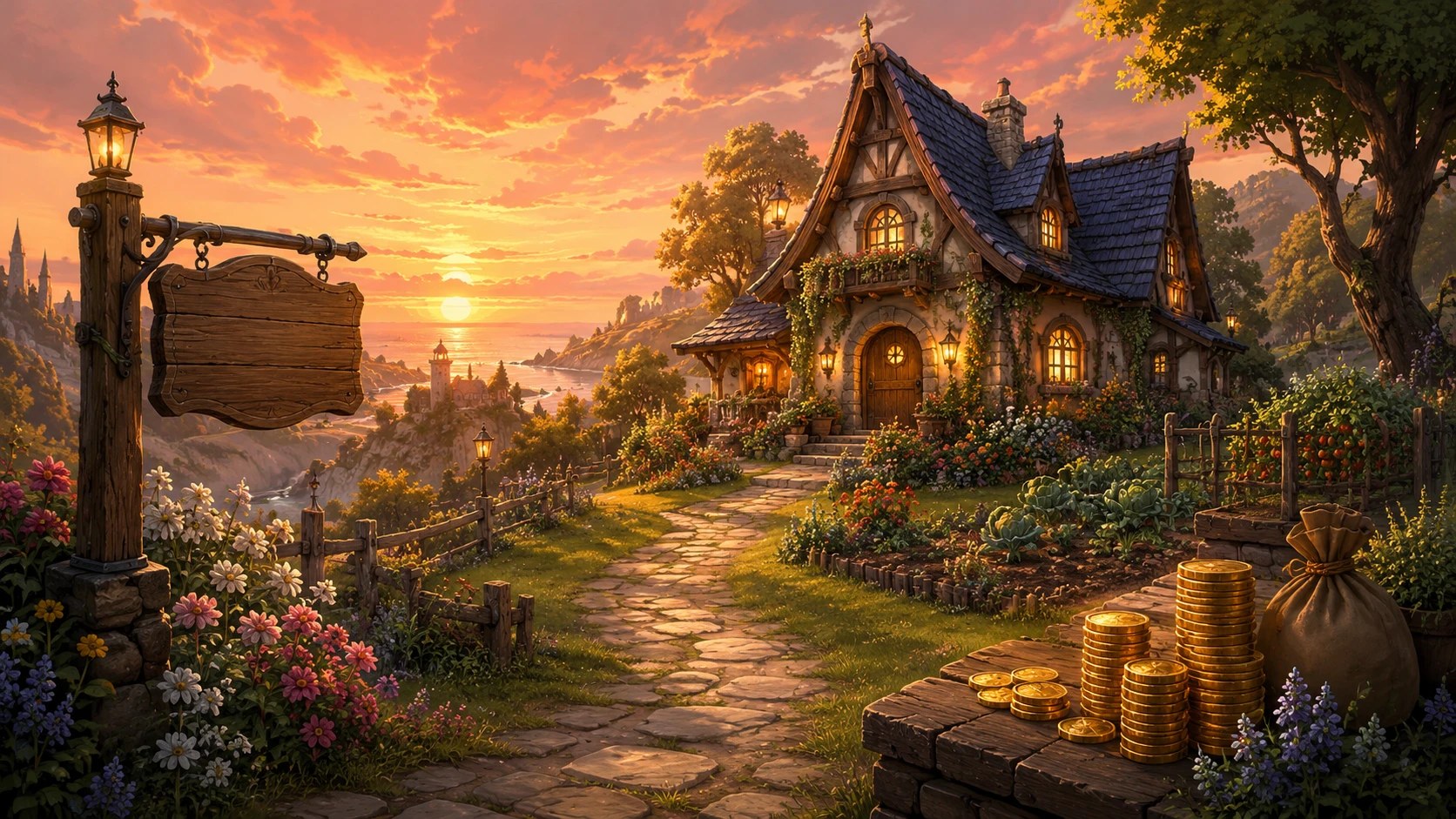 Final Fantasy XIV housing — a cozy cottage at sunset with a signpost and stacks of gold coins